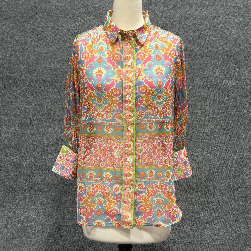 Gretchen Scott Shirt Womens Small Pink Blue Paisley Sheer Button Tunic Top